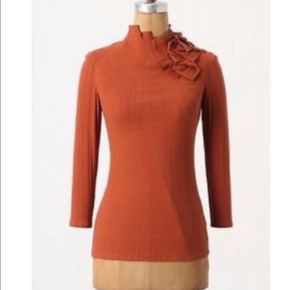 XL Anthropologie rust orange terra cotta mockneck stretchy top with ruffle